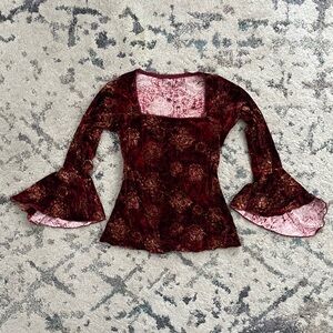 Women's Velvet Long Sleeve Ruffle Top - Burgundy